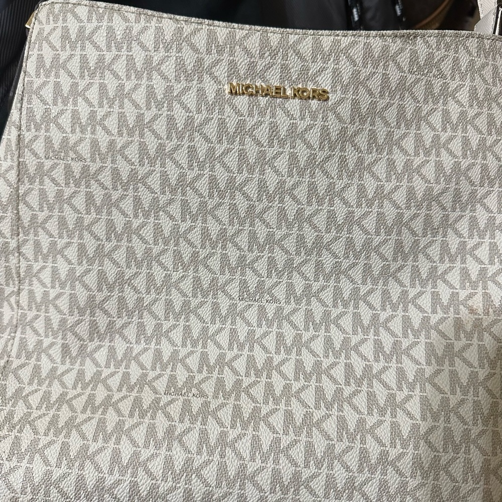Michael Kors Cream Monogram Tote and brown MK around the waist bag